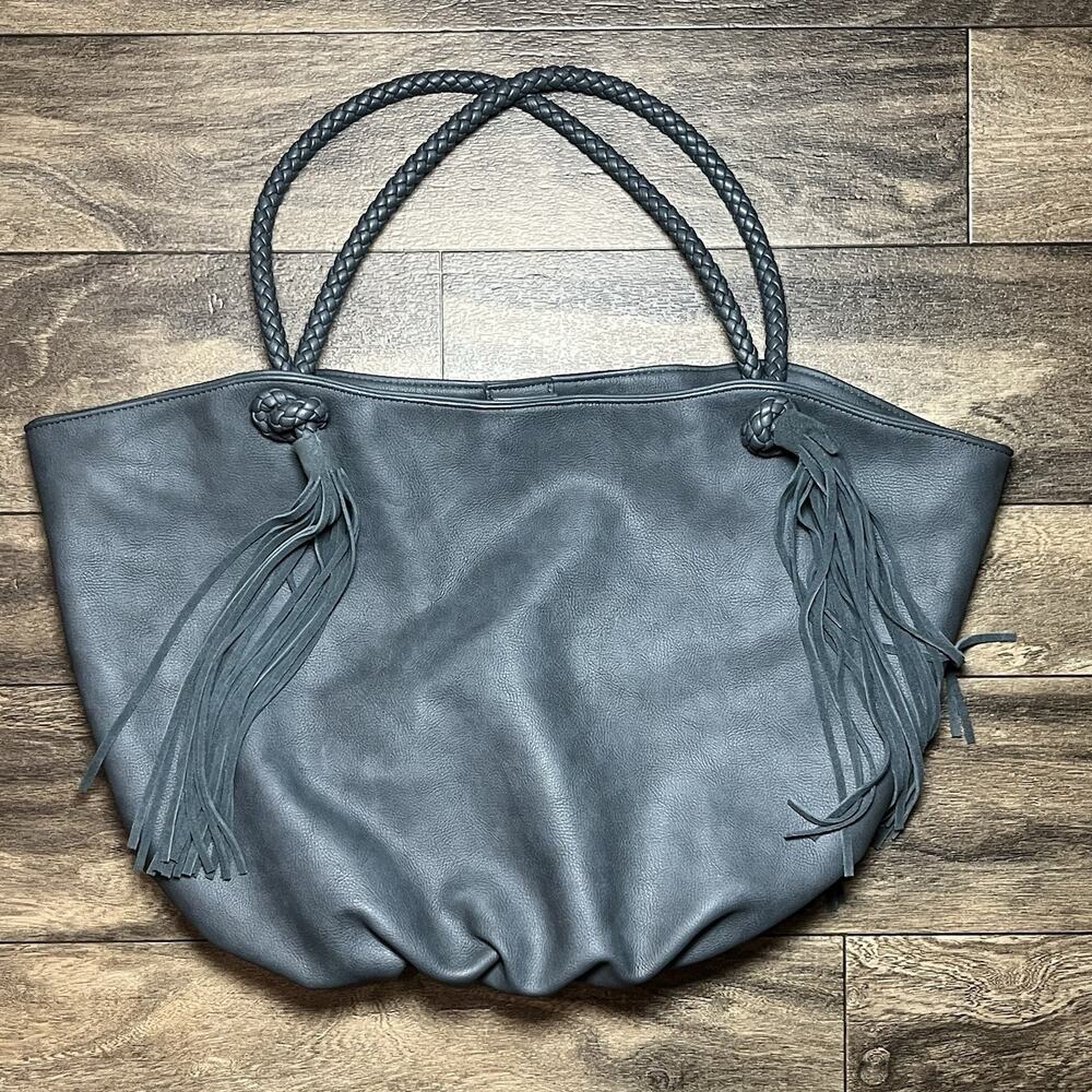 Anthropologie Morgan Tasseled Tote Bag Women's Navy Blue Faux Leather EUC